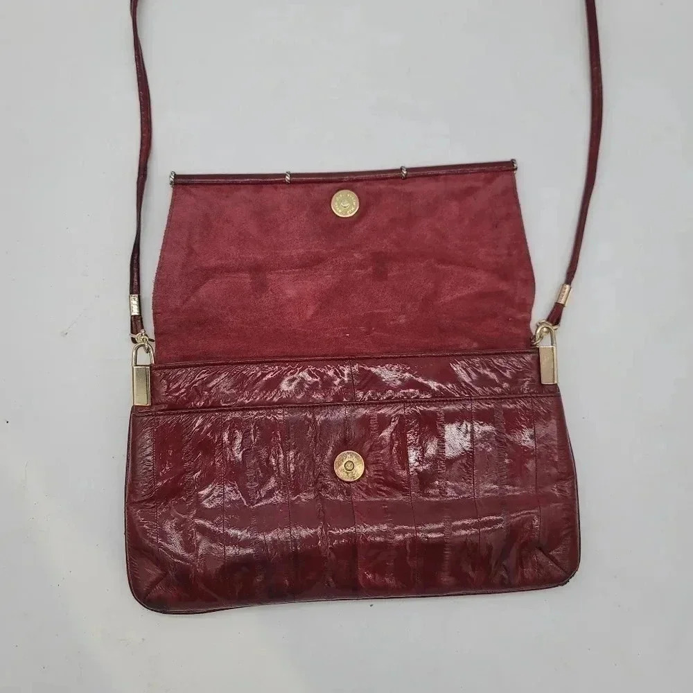 Vintage Womens Genuine Soft Eel Skin Leather Purse Clutch Hand Bag Red Burgundy - Picture 9 of 11